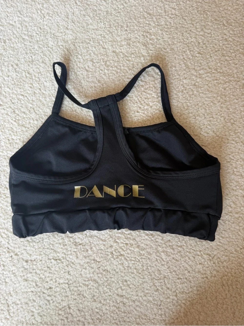 Youth Large Black Dance Zip-Front Sports Bra with Gold Logo